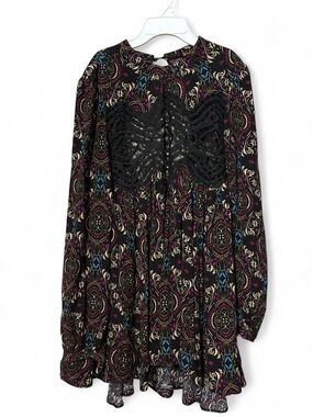 Boho Black Printed Lace-Front Long Sleeve Tunic
